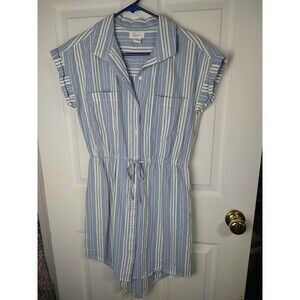 Japna Woman S Shirt Dress Blue White Barcode Cinched Waist Pockets V Neck Cap...